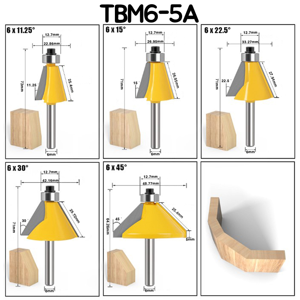각베어링 6mm,8mm,12mm 5종 세트 챔퍼라우터비트 모따기 베벨테두리 TBM6-5A외