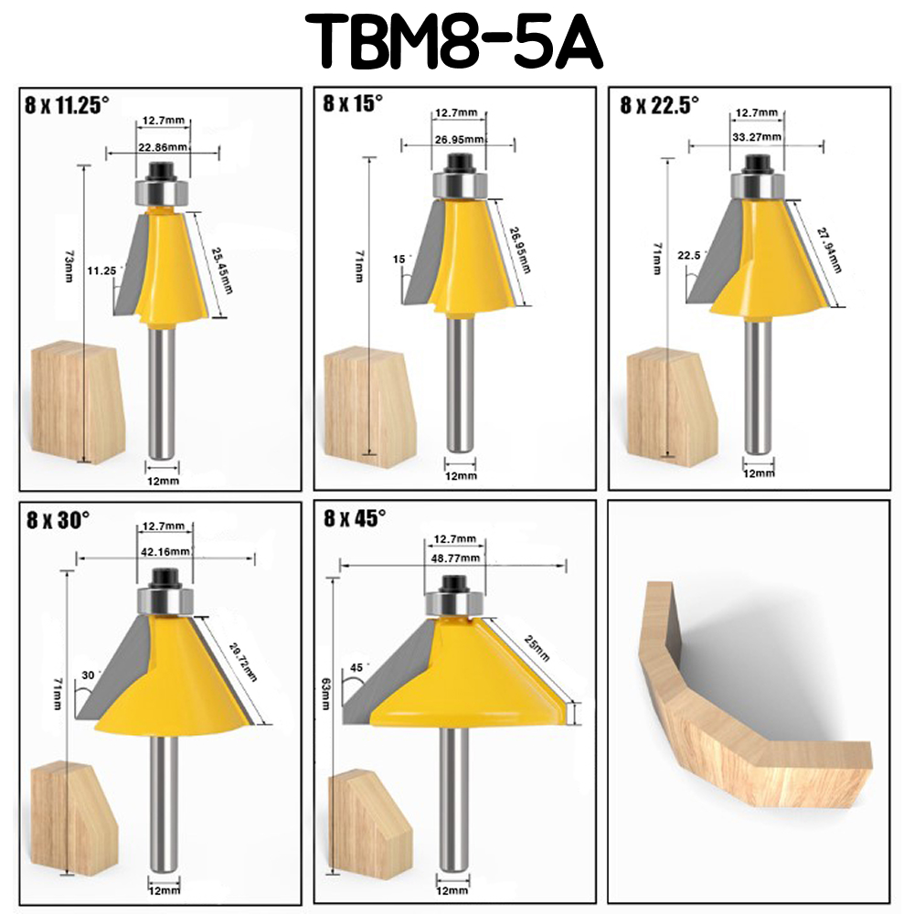 각베어링 6mm,8mm,12mm 5종 세트 챔퍼라우터비트 모따기 베벨테두리 TBM6-5A외